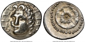 CARIAN ISLANDS. Rhodes. Ca. 84-30 BC. AR drachm (18mm, 12h). NGC AU, brushed. Radiate head of Helios facing, turned slightly left, hair parted in cent...