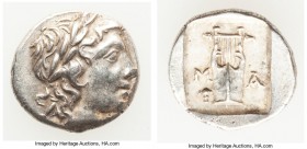 LYCIAN LEAGUE. Masicytes. Ca. 48-20 BC. AR hemidrachm (14mm, 1.77 gm, 12h). AU. Series 1. Laureate head of Apollo right; Λ-Y below / M-A, cithara (lyr...