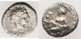 CILICIA. Tarsus. Tiribazus (ca. 388-380 BC). AR obol (10mm, 0.64 gm). VF. Youthful bare male head right / TE-PΣIKON, young female kneeling left, casti...