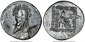 PARTHIAN KINGDOM. Sinatruces (ca. 93-69 BC). AR drachm (20mm, 12h). NGC Choice AU, scuff. Rhagae. Diademed bust of Sinatruces left, wearing tiara orna...
