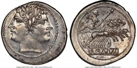 Anonymous (ca. 225-214/2 BC). AR didrachm or quadrigatus (23mm, 6.69 gm, 7h). NGC AU 5/5 - 3/5, brushed. Laureate head of youthful Janus, two small an...