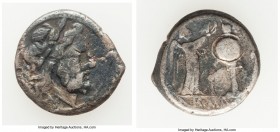 Anonymous (ca. 211-208 BC). AR victoriatus (16mm, 2.64 gm, 12h). VF. Rome. Laureate head of Jupiter right, dotted border / ROMA, Victory standing righ...