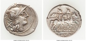 C. Scribonius C.f. (ca. 154 BC). AR denarius (19mm, 3.42 gm, 11h). VF. Rome. Head of Roma right, wearing winged helmet decorated with griffin crest, X...