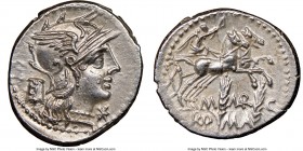 M. Marcius Mn.f. (ca. 134 BC). AR denarius (20mm, 2h).NGC AU. Rome. Helmeted head of Roma; modius to left, star below chin / Victory driving galloping...