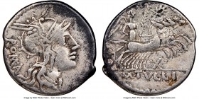 M. Tullius (ca. 119 BC). AR denarius (20mm, 11h). NGC VF. Rome. ROMA, head of Roma right, wearing winged helmet decorated with griffin-crest / M • TVL...