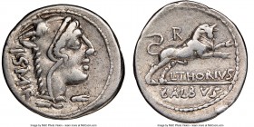 L. Thorius Balbus (ca. 105 BC). AR denarius (21mm, 8h). NGC VF. Rome. I•S•M•R, head of Juno Sospita right, clad in goat-skin / L•THORIVS / BALBVS, bul...