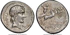 C. Vibius C. f. Pansa (ca. 90 BC). AR denarius (20mm, 3h). NGC XF. Rome. PANSA, laureate head of Apollo right with flowing hair; N before / C•VIBIVS•C...