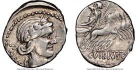 C. Vibius C. f. Pansa (ca. 90 BC). AR denarius (18mm, 5h). NGC VF. Rome. PANSA, laureate head of Apollo right with flowing hair; uncertain symbol befo...