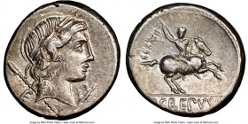 Pub. Crepusius (82 BC). AR denarius (17mm, 7h). NGC AU. Rome. Laureate head of Apollo right; scepter over shoulder, E behind, branch right below chin ...