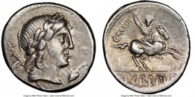 Pub. Crepusius (82 BC). AR denarius (18mm, 8h). NGC XF. Rome. Laureate head of Apollo right; scepter over shoulder, R behind, ivy leaf left below chin...