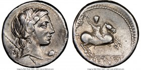 Pub. Crepusius (82 BC). AR denarius (17mm, 5h). NGC Choice VF. Rome. Laureate head of Apollo right; scepter over shoulder, P behind, grapes bunch left...