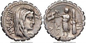 A. Postumius A.f. Sp.n. Albinus (ca. 81 BC). AR denarius serratus (19mm, 11h). NGC VF, scuff. Rome. HISPAN, veiled bust of Hispania right with disheve...