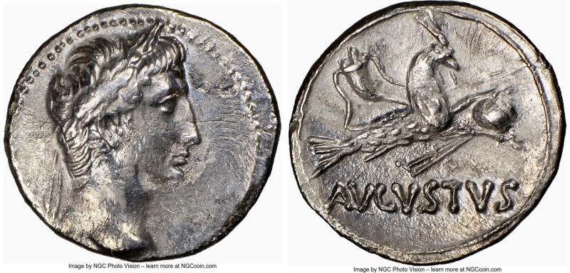 Augustus (27 BC-AD 14). AR denarius (18mm, 1h). NGC Choice VF, brushed. Uncertai...