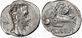 Augustus (27 BC-AD 14). AR denarius (20mm, 6h). NGC VF, bankers mark. Uncertain Eastern mint, 27 BC. Laureate head of Augustus right with well-manicur...