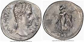 Augustus (27 BC-AD 14). AR denarius (20mm, 8h). NGC Choice VF, graffito. Lugdunum, 15-13 BC. AVGVSTVS DIVI F, bare head of Augustus right / IMP-X, Apo...