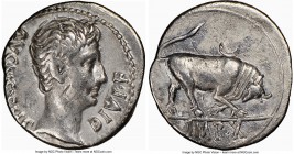 Augustus (27 BC-AD 14). AR denarius (19mm, 7h). NGC Choice VF, bankers marks. Lugdunum, ca. 15-13 BC. AVGVSTVS-DIVI•F, bare head of Augustus right; do...