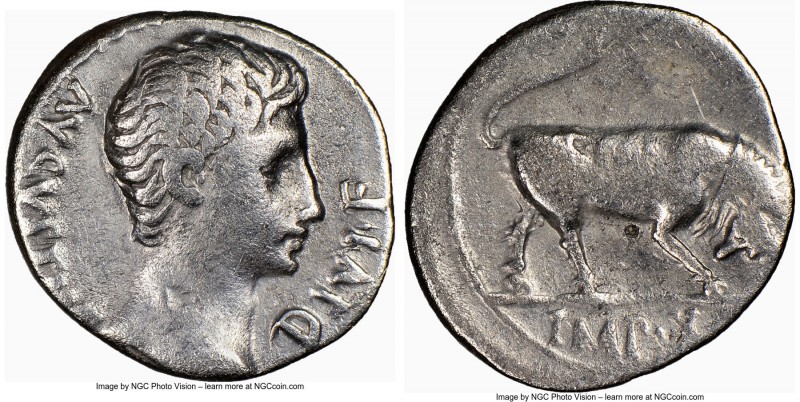 Augustus (27 BC-AD 14). AR denarius (19mm, 7h). NGC Choice Fine, punch mark. Lug...
