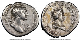 Trajan (AD 98-117). AR denarius (20mm, 7h). NGC VF. Rome, AD 114-117. IMP CAES NER TRAIAN OPTIM AVG GER DAC PARTHICO, laureate head of Trajan right, a...