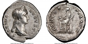 Sabina (AD 128-136/7). AR denarius (19mm, 6h). NGC Choice VF. Rome, ca. AD 130-133. SABINA AVGVSTA, diademed, draped bust of Sabina right, seen from f...