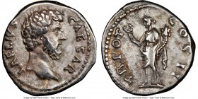 Aelius Caesar (AD 136-138). AR denarius (17mm, 5h). NGC VF. Rome. L AELIVS CAESAR, bare head of Aelius right / T R POT COS II, Felicitas standing faci...