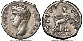 Aelius Caesar (AD 136-138). AR denarius (18mm, 5h). NGC VF, flan flaw. Rome, AD 137. L AELIVS-CAESAR, bare head of Aelius left / TR POT-COS II, Concor...
