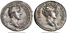 Antoninus Pius (AD 138-161), with Marcus Aurelius, as Caesar. AR denarius (17mm, 6h). NGC Choice VF. Rome, AD 140. ANTONINVS AVG PI-VS P P TR P COS II...