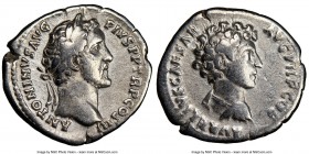 Antoninus Pius (AD 138-161), with Marcus Aurelius, as Caesar. AR denarius (18mm, 7h). NGC VF. Rome, AD 140. ANTONINVS AVG PI-VS P P TR P COS III, laur...