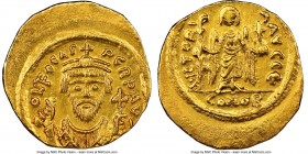 Phocas (AD 602-610). AV solidus (21mm, 4.38 gm, 7h). NGC Choice AU 4/5 - 2/5, brushed, clipped. Constantinople, 5th officina, AD 602-603. O N FOCAS-PЄ...