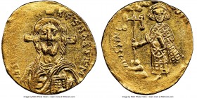 Justinian II, first reign (AD 685-695). AV solidus (20mm, 4.31 gm, 7h). NGC MS 3/5 - 4/5, clipped. Constantinople, uncertain officina (off flan), AD 6...