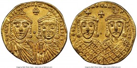 Leo IV the Khazar (AD 775-780), with Constantine VI, Leo III, and Constantine V. AV solidus (20mm, 4.46 gm, 6h). NGC AU 4/5 - 4/5. Constantinople, AD ...