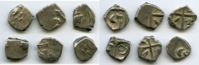 ANCIENT LOTS. Celtic. Southern Gaul. Volcae Tectosages. Ca. 200-118 BC. Lot of six (6) AR drachms. Fine. Male head left, two dolphins to left / Cross;...