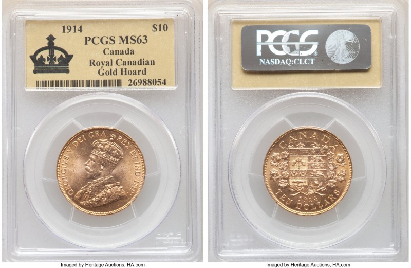 George V gold 10 Dollars 1914 MS63 PCGS, Ottawa mint, KM27. Three year type. AGW...