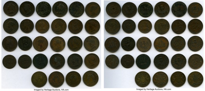 45-Piece Lot of Uncertified 1/2 Penny & Penny Tokens, Miscellaneous study lot of...