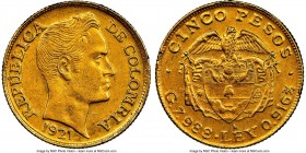 Republic gold 5 Pesos 1921-A AU55 NGC, Medellin mint, KM201.1, Restrepo-454. Rare date. 

HID09801242017

© 2020 Heritage Auctions | All Rights Re...
