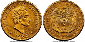 Republic gold 5 Pesos 1924 MS64 NGC, Medellin mint, KM204. Large "2" variety. AGW 0.2355 oz. 

HID09801242017

© 2020 Heritage Auctions | All Righ...