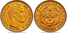 Republic gold 5 Pesos 1924-B AU58 NGC, Bogota mint, KM201.1. Large bust variety. AGW 0.2355 oz. 

HID09801242017

© 2020 Heritage Auctions | All R...