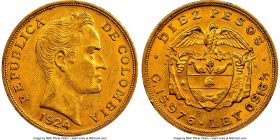 Republic gold 10 Pesos 1924-B AU58 NGC, Bogota mint, KM202. AGW 0.4710 oz. 

HID09801242017

© 2020 Heritage Auctions | All Rights Reserved