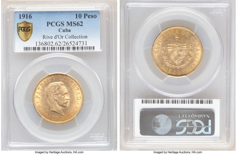 Republic gold 10 Pesos 1916 MS62 PCGS, Philadelphia mint, KM20. AGW 0.4838 oz. F...