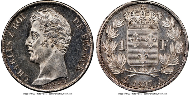 Charles X Franc 1827-A MS66 NGC, Paris mint, KM724.1. Mostly untoned with reflec...