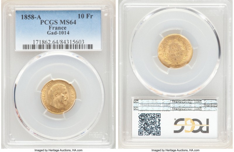 Napoleon III gold 10 Francs 1858-A MS64 PCGS, Paris mint, KM784.3. AGW 0.0933 oz...