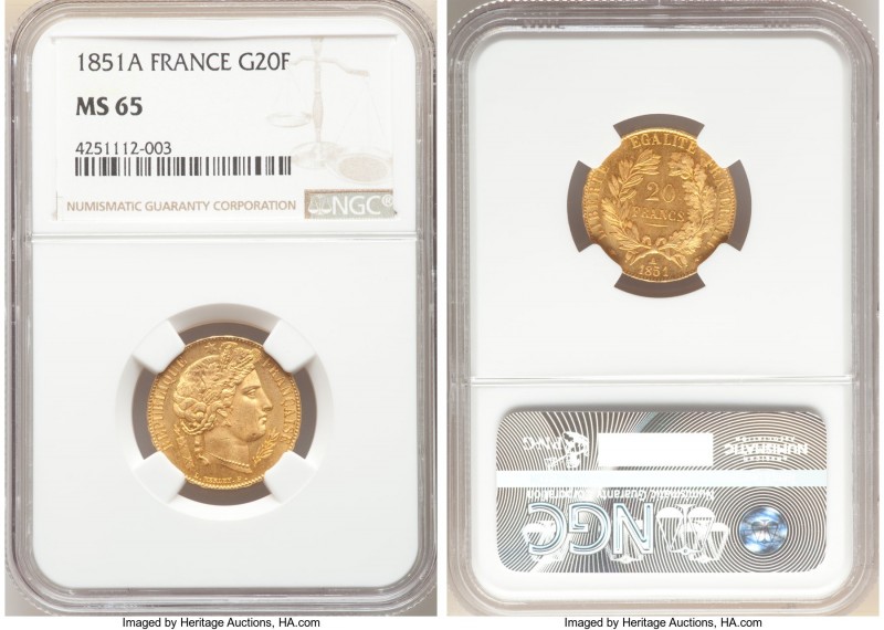 Republic gold 20 Francs 1851-A MS65 NGC, Paris mint, KM762, Gad-1059. 

HID098...