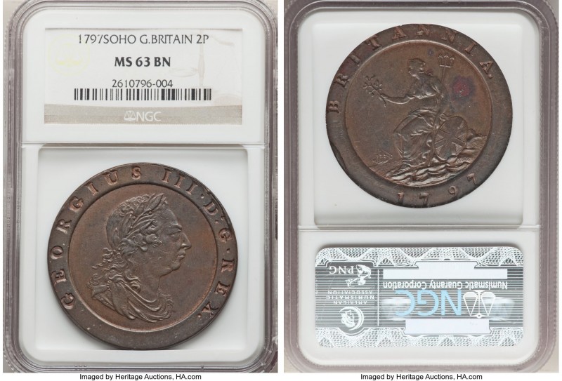 George III "Cartwheel" 2 Pence 1797-SOHO MS63 Brown NGC, Soho mint, KM619, S-377...