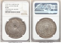 George III Counterstamped Bank Dollar ND (1797-1799) XF40 NGC, KM638, S-3765A. C/S STD. Oval counterstamp depicting George III on Peru 8 Reales 1791 L...
