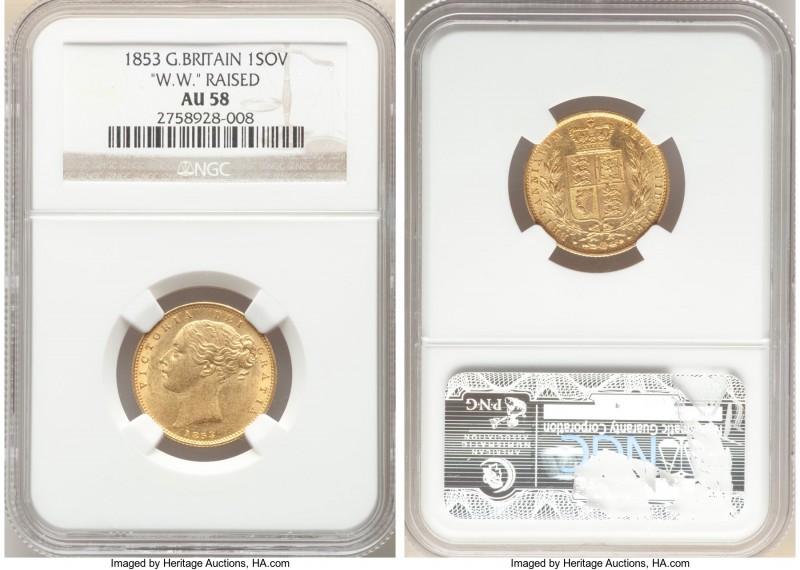 Victoria gold Sovereign 1853 AU58 NGC, KM736.1. WW raised variety. AGW 0.2355 oz...