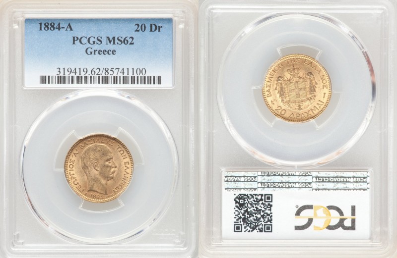 George I gold 20 Drachmai 1884-A MS62 PCGS, Paris mint, KM56. One year type. AGW...