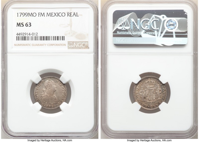 Charles IV Real 1799 Mo-FM MS63 NGC, Mexico City mint, KM81. Rose tinted gray wi...