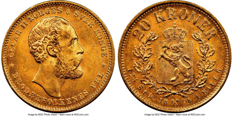 Oscar II gold 20 Kroner 1878 MS64 NGC, Kongsberg mint, KM355. AGW 0.2593 oz. 
...