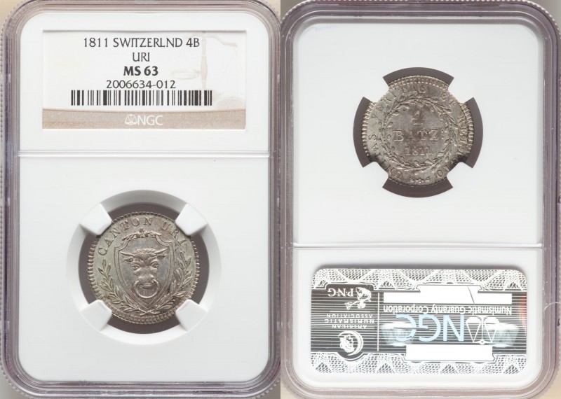 Uri. Canton 4 Batzen 1811 MS63 NGC, KM44, HMZ-2-992a. Mintage: 3,510. One year t...
