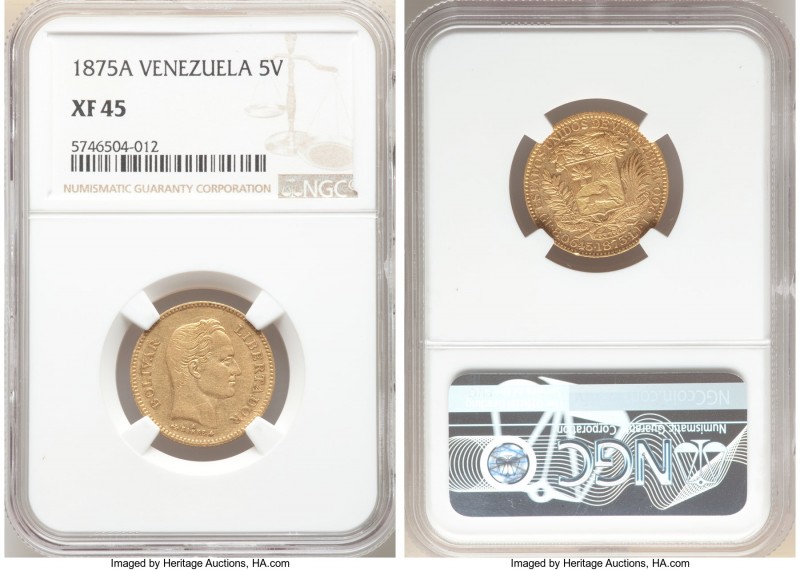 Republic gold 5 Venezolanos 1875-A XF45 NGC, Paris mint, KM-Y17. One year type. ...