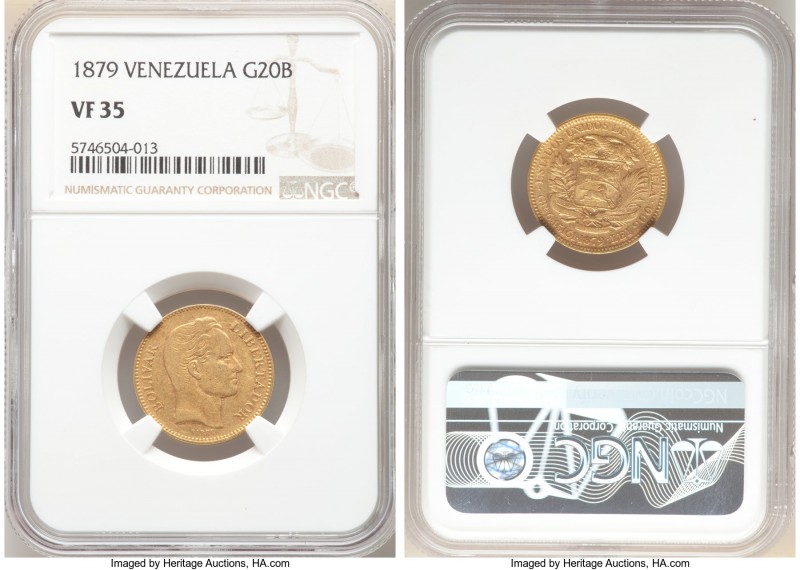 Republic gold 20 Bolivares 1879 VF35 NGC, Brussels mint, KM-Y32. AGW 0.1867 oz. ...